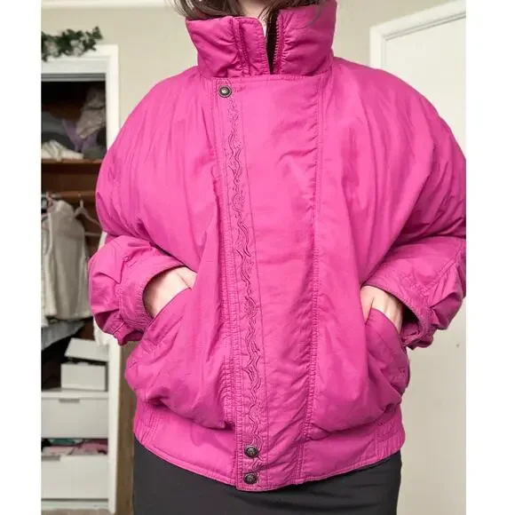 Vintage 90s Eddie Bauer Goose Down Ski Puffer Winter Parka Jacket Retro Pink - Picture 1 of 14